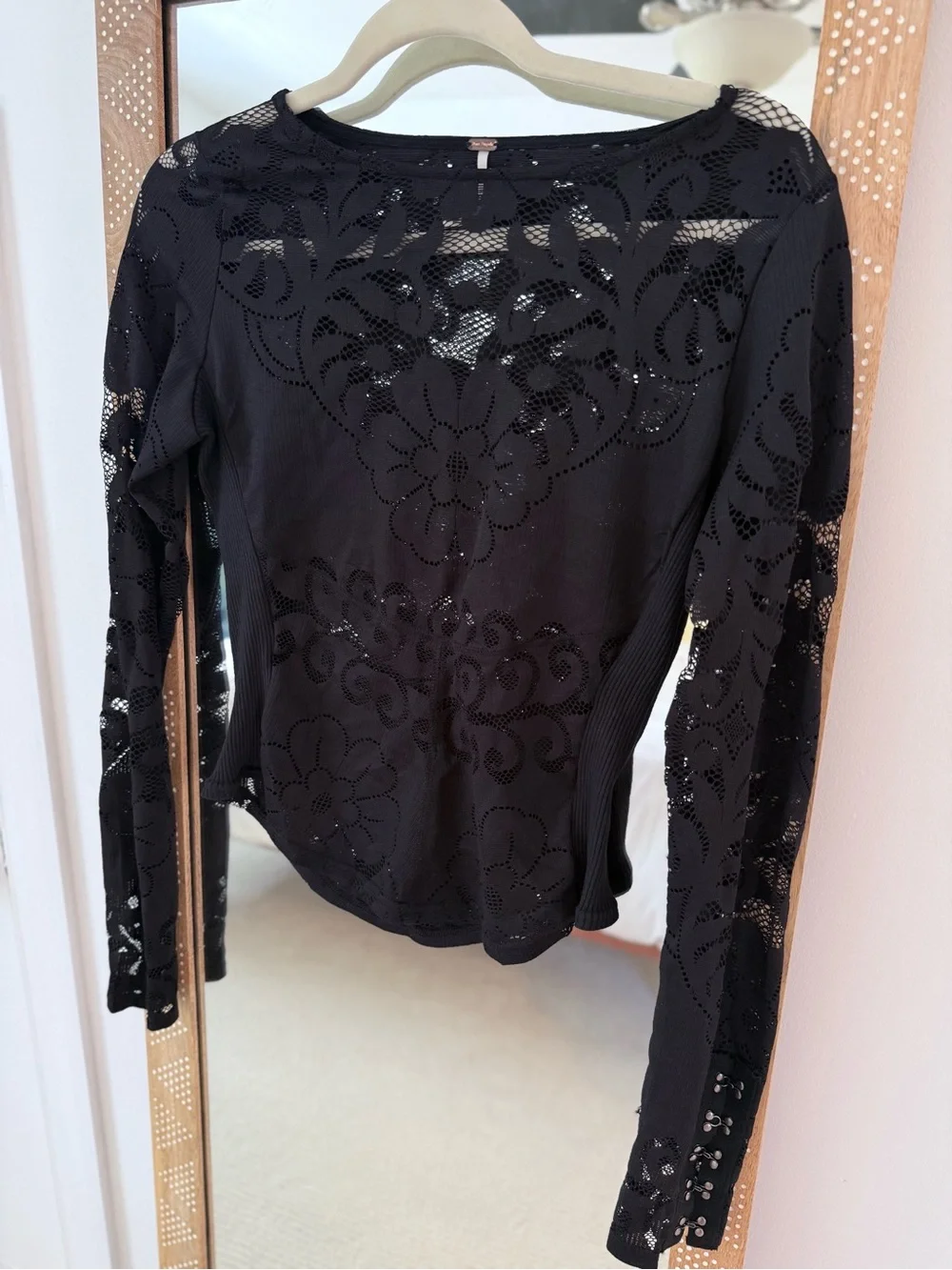 Free People Wild Roses Black Lace Sheer Long Sleeve Top Small